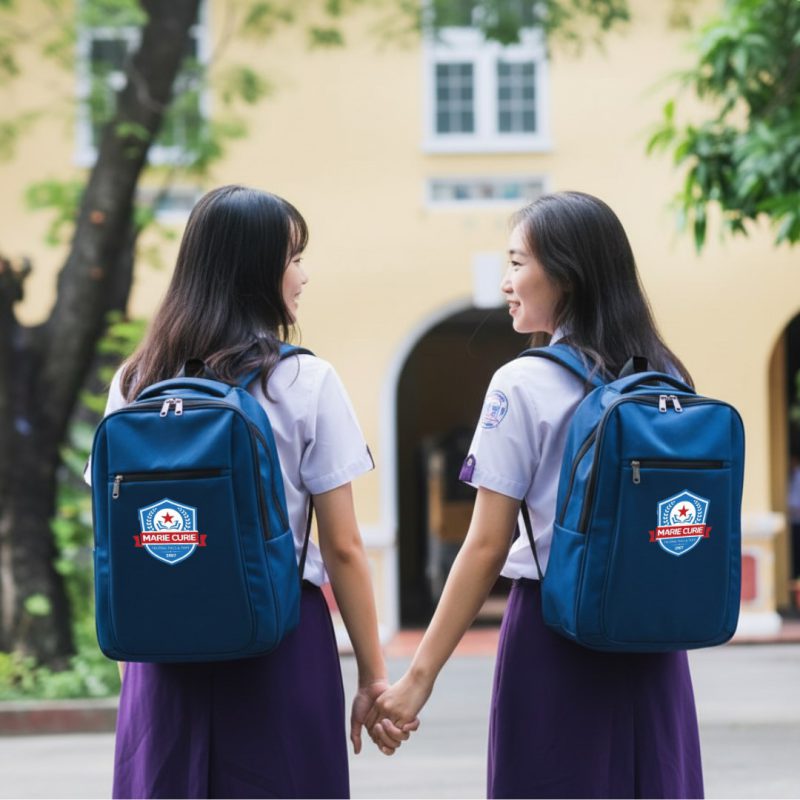 Balo in logo Trường Marie Curie hình ảnh học sinh thân thiện