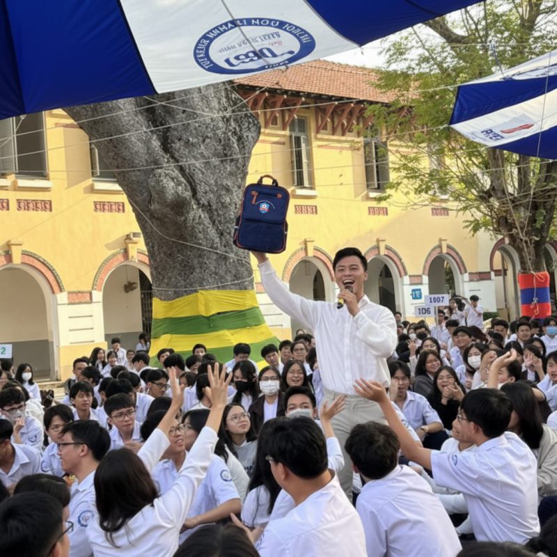 Balo in logo Trường Marie Curie hình ảnh học sinh thân thiện