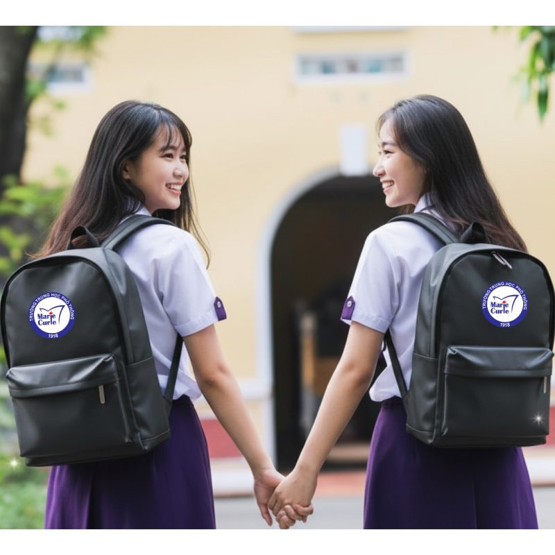 Balo in logo Trường Marie Curie hình ảnh học sinh thân thiện